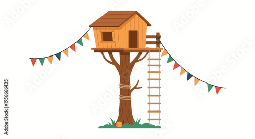 Charming wooden treehouse illustration with a ladder and colorful festive bunting, representing childhood play and adventure.