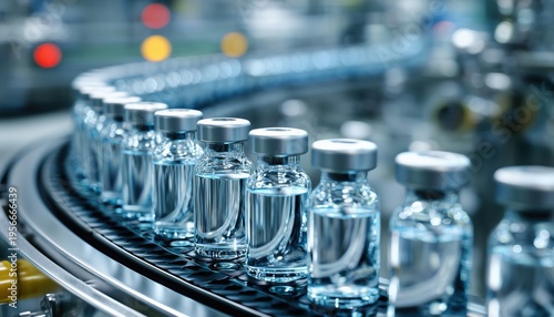 Modern Pharmaceutical Manufacturing Process Featuring Drug Conveyor And Medical Glass Bottles At State-Of-The-Art Plant For Vaccine Production And Pharmacology. Healthcare, Pharma, Drug Ampoules.