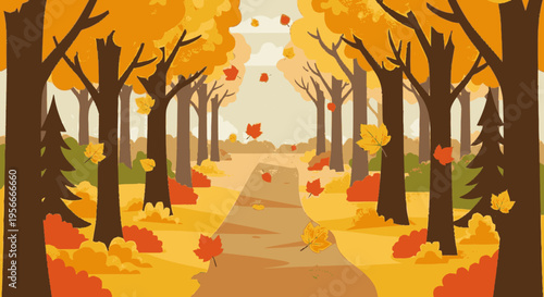 Autumn forest path with falling leaves. Flat vector illustration of colorful fall scenery and seasonal park landscape.