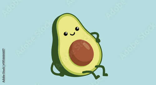 Cute cartoon avocado character relaxing and smiling. Happy healthy fruit illustration on a light blue background.