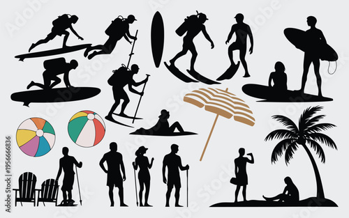 Diverse silhouettes of people engaging in outdoor activities and sports