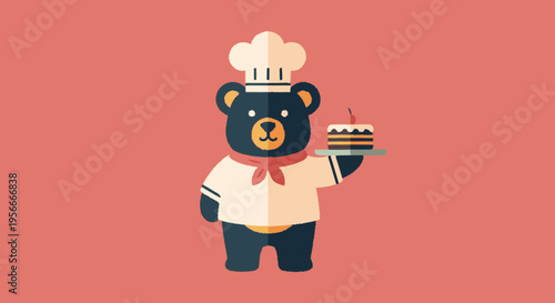 Friendly Bear Chef Character Holding Delicious Cake Slice with Cherry - Cute Flat Design Culinary Illustration