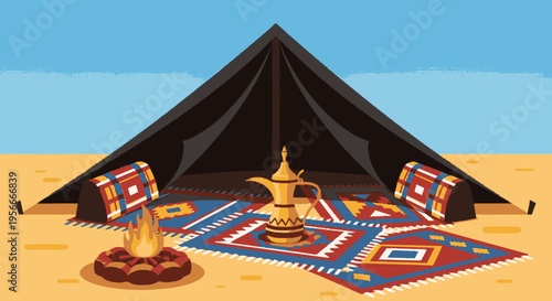 Traditional Arabic desert camp illustration with a Bedouin tent, cozy campfire, ornate coffee pot, and colorful patterned rugs