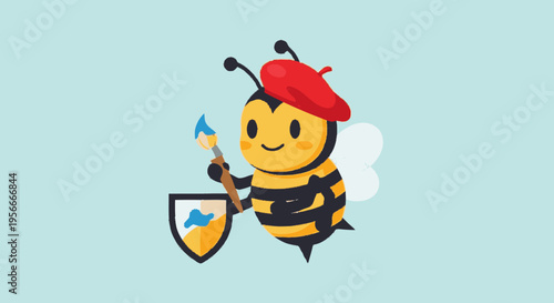 Charming cartoon bee artist in red beret holding paintbrush, creating art with a shield. Whimsical creative mascot illustration.