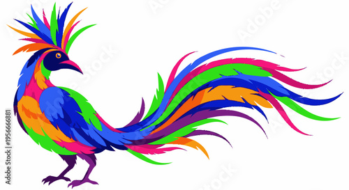 Exuberant colorful bird with vibrant plumage, a striking crest, and an elegant long tail, isolated on white.