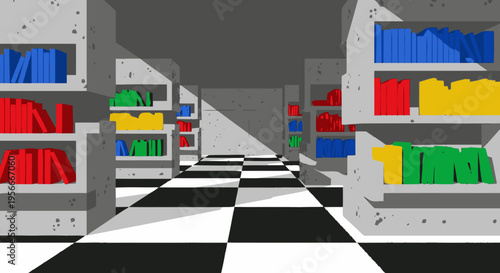 Abstract stylized library interior with colorful books on shelves and a checkerboard floor, symbolizing knowledge and information.