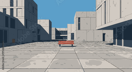 Minimalist brutalist architecture with a solitary orange bench in an empty concrete urban plaza under a clear blue sky, modern geometric style.