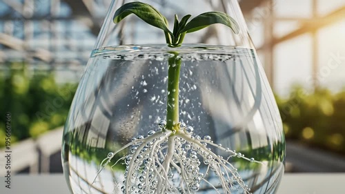 Small Green Plant Growing in Glass Flask with Water and Oxygen Bubbles in Laboratory
