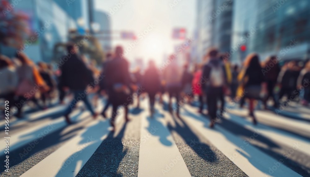 Fototapeta premium Busy Asian City People Crossing Street With Modern Buildings In The Background, Captured In Abstract Blurry Image In Korea, Asia.