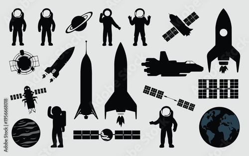 Collection of astronauts and space exploration icons in black silhouette style