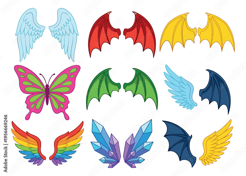 Fototapeta premium Cartoon icon set of 11 fantasy wings featuring angel, demon and dragon styles for game and mythology design