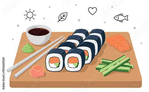 Flat illustration of sushi platter depicting traditional japanese cuisine with rolls and accompaniments for food design