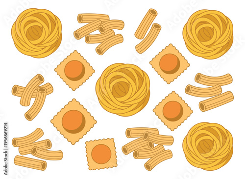 Cartoon icon set of 18 traditional pasta varieties featuring spaghetti, ravioli and tagliatelle for culinary design
