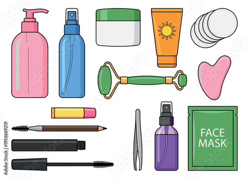 Cartoon icon set of 15 beauty and cosmetic products featuring skincare tools, makeup and facial care items for wellness design