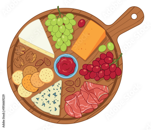 Cartoon illustration of cheese and charcuterie board depicting appetizer platter arrangement for food and hospitality design