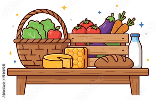 Cartoon illustration of fresh farm produce and groceries on wooden table for organic food and nutrition concepts