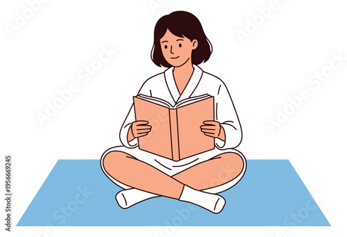Cartoon illustration of woman reading book depicting student studying cross legged on mat for education design