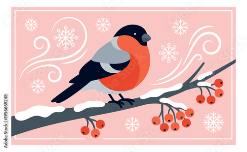 Flat illustration of winter bullfinch bird perched on snowy branch with berries for seasonal greeting card design