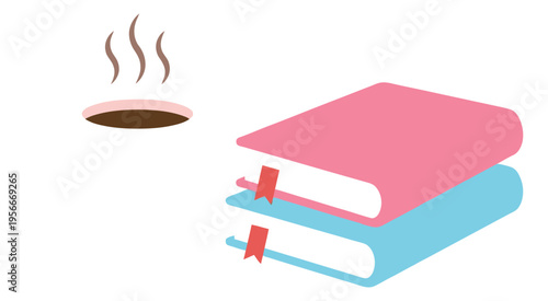 Flat illustration of stacked books with coffee cup depicting reading and study break for education and lifestyle design