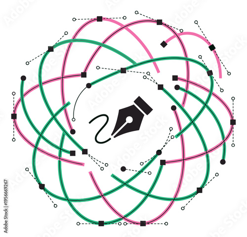 Flat illustration of abstract orbital network pattern depicting digital connectivity pathways for technology and data design