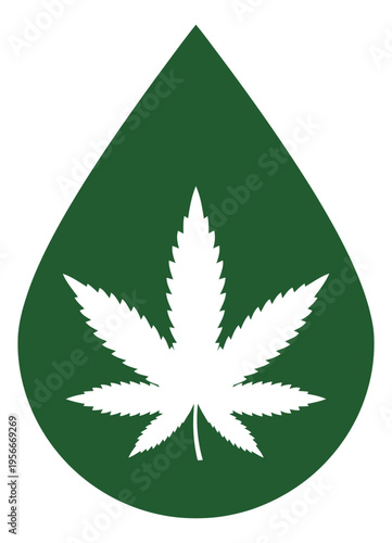Silhouette illustration of cannabis leaf inside water droplet depicting natural oil extract for hemp and wellness design