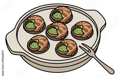 Cartoon illustration of escargot dish depicting French cuisine with snails and fork for restaurant menu design