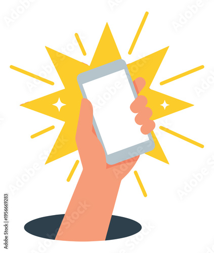 Flat illustration of hand holding smartphone depicting mobile breakthrough moment for app and technology design