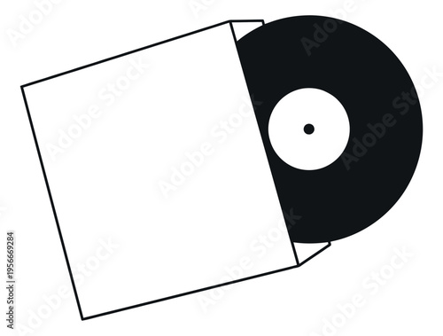 Flat illustration of vinyl record with blank album cover depicting music packaging for retro design