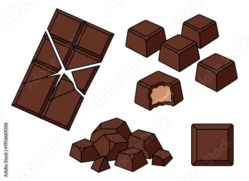Cartoon illustration set featuring chocolate bar pieces and praline bonbons with peanut filling for confectionery design