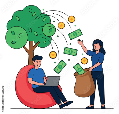 Cartoon illustration of passive income concept depicting people earning money from investments for financial growth design