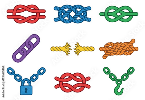 Cartoon icon set of 9 nautical knots and rope elements featuring marine ties, chains and hooks for sailing design