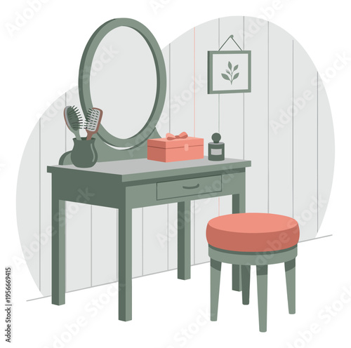 Flat illustration of vanity table with mirror and stool depicting modern interior furniture for home decor design