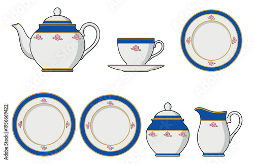 Cartoon icon set of 7 fine china dinnerware pieces featuring teapot, teacup, plates and serving vessels for elegant dining design