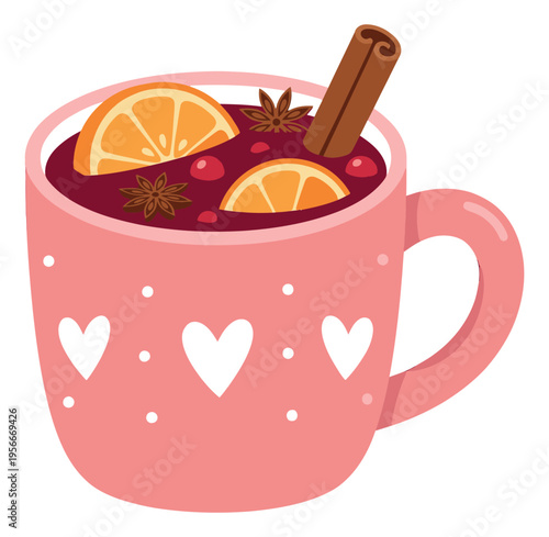 Flat illustration of mulled wine mug with orange slices and cinnamon depicting cozy winter beverage for holiday design