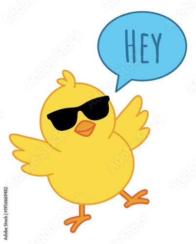 Cartoon illustration of cool yellow chick with sunglasses saying hey for greeting and communication design
