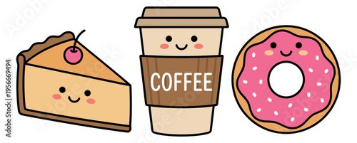 Cartoon icon set of 3 featuring coffee cup, cake slice and donut with cute faces for cafe and dessert design