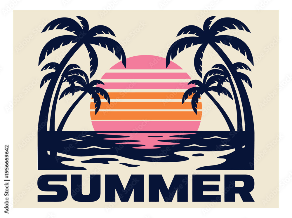Fototapeta premium Silhouette illustration of tropical beach sunset with palm trees and text for summer vacation design