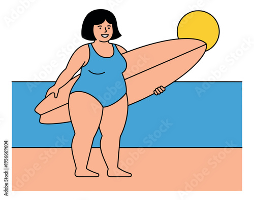 Cartoon illustration of plus size woman holding beach ball depicting body positive fitness for wellness design