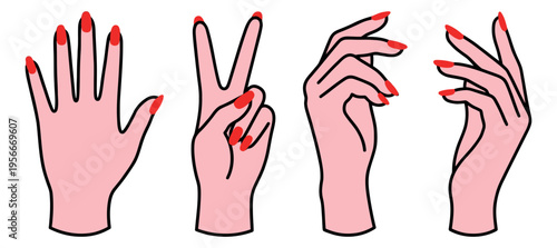 Cartoon icon set of 4 female hand gestures featuring manicured nails and expressive poses for beauty and communication design
