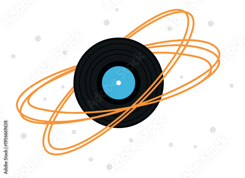 Flat illustration of vinyl record with orbital rings depicting music and cosmic theme for entertainment design