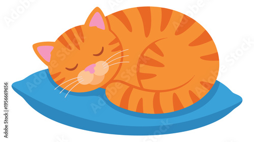 Flat illustration of sleeping orange tabby cat on blue pillow depicting relaxation for pet and home design