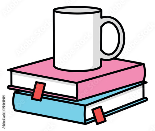 Cartoon illustration of coffee mug on stacked books depicting reading and study routine for education design