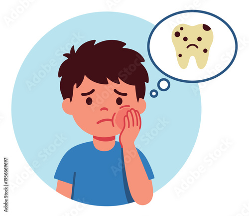 Cartoon illustration of boy with toothache depicting dental pain and cavity concern for healthcare design