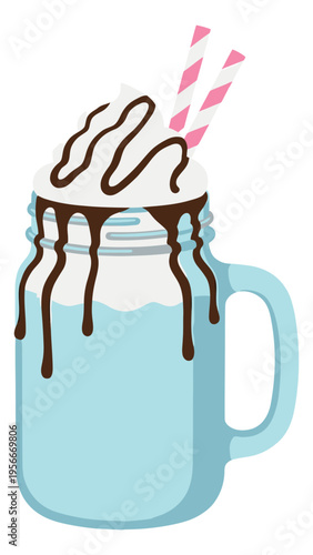 Flat illustration of milkshake mason jar with chocolate drizzle and straw for beverage and cafe design