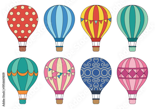 Flat icon set of 8 hot air balloons featuring colorful vintage patterns for travel and adventure design