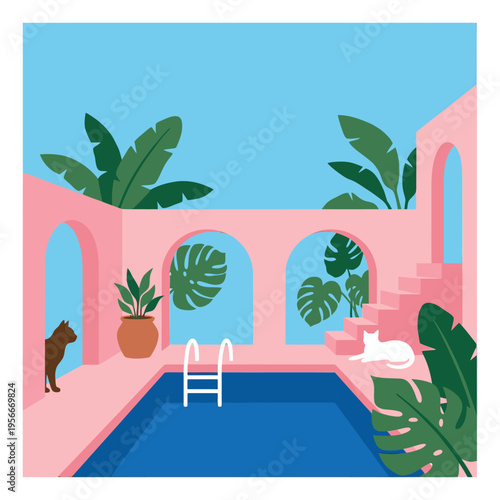 Flat illustration of tropical courtyard pool with arched architecture depicting Mediterranean relaxation for travel and lifestyle design