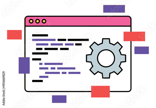Flat illustration of browser window with code and gear depicting web development and programming for technology design