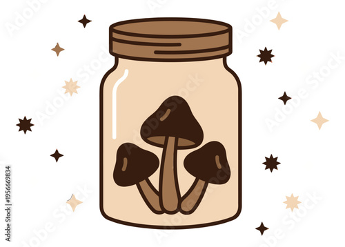 Cartoon illustration of psychedelic mushrooms in glass jar depicting magical fungi collection for spiritual and nature design