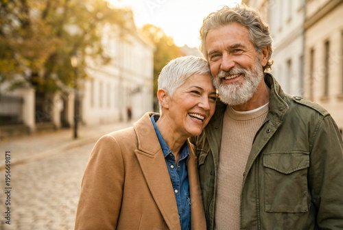 Romantic senior couple embracing on city street at sunset