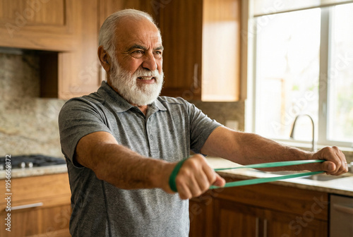 Active senior man exercising with resistance band at home